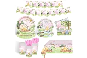 FOLNESH 122PCS Classic Pooh Baby Shower Party Supplies for Baby Girls Kids1st First Birthday Pink Neutral Winnie Bear Themed Disposable Tableware Set Plates Napkins Cups Tablecloths Banners for 20 Guests