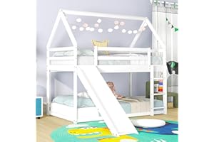 Bellemave Twin Over Twin House Bunk Bed with Slide,Floor Bunk Beds with Ladder for Kids,Solid Wood Twin Size Low Bunk Bed for Girls Boys