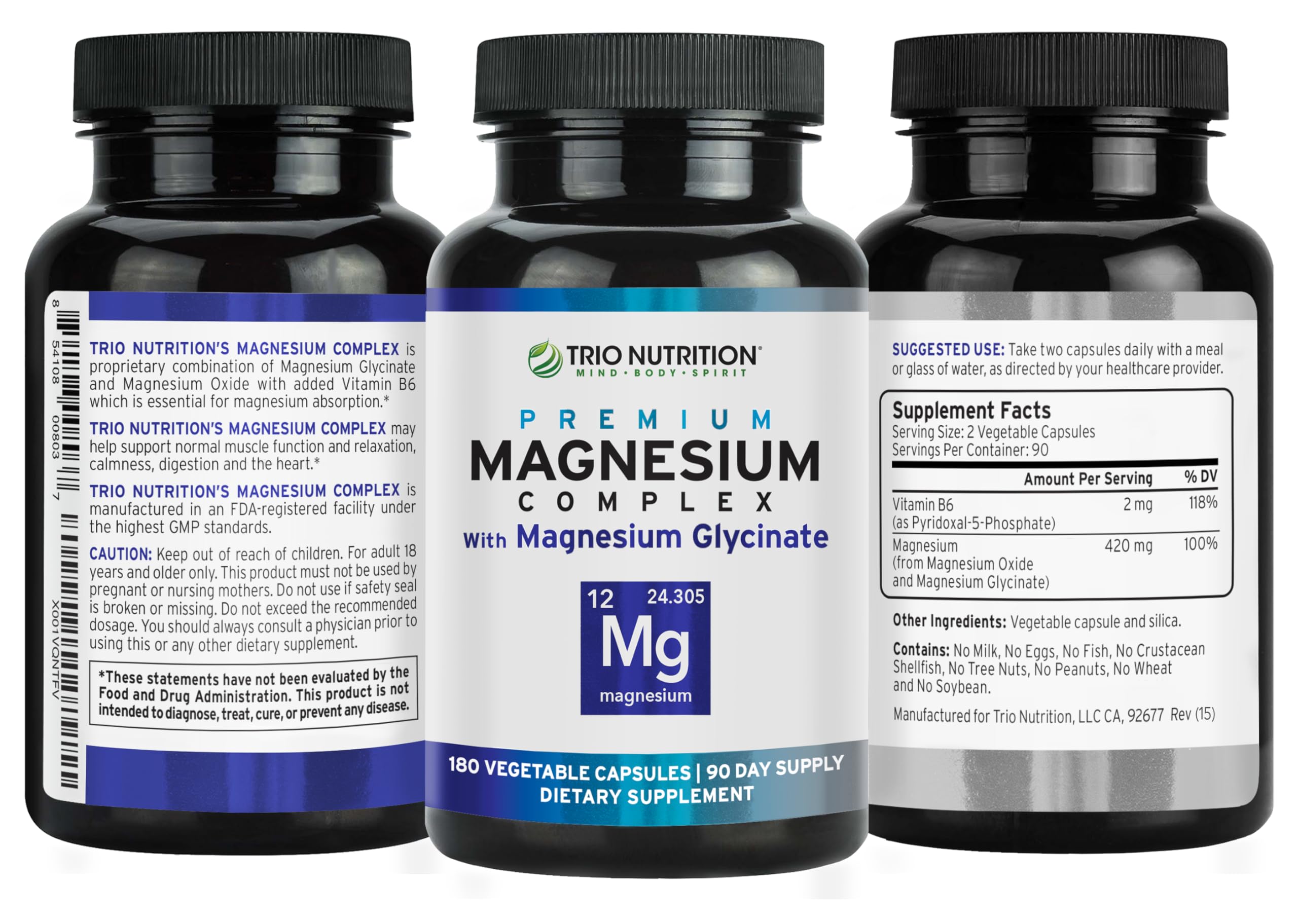 Trio Nutrition Magnesium Complex 90 Day Supply 420 mg | Natural Calm, Relax, Stress Relief, and Muscle Recovery |Magnesium Glycinate Supplement with Vitamin B6 for Rapid Absorption*