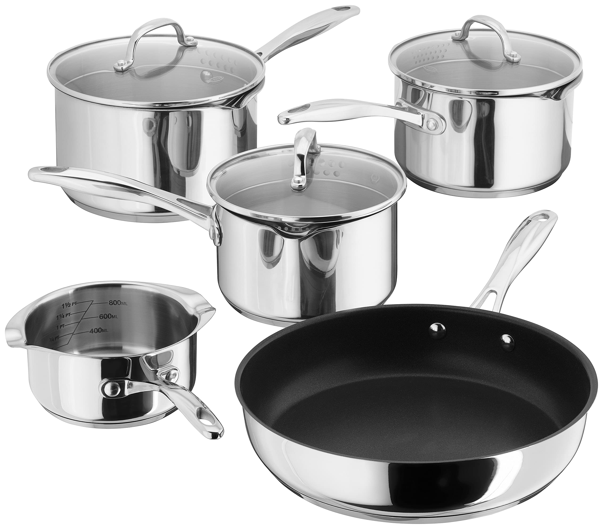 Stellar Profile 5-Piece Set of Stainless Steel Pans 16cm, 18cm & 20cm Draining Saucepans with Strainer Lids, Teflon Non Stick Frying Pan 26cm and Milk Pan 14cm, Induction Ready