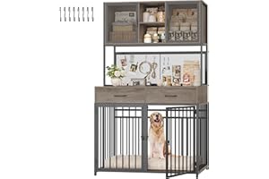 HITHOS 71" Tall Dog Crate Furniture, Indoor Dog Kennel with Hutch, 42" W Dog Cage for Large/Medium Dogs, Wood Dog Crates with 2 Storage Drawers, Heavy Duty Pet House, Ash Grey