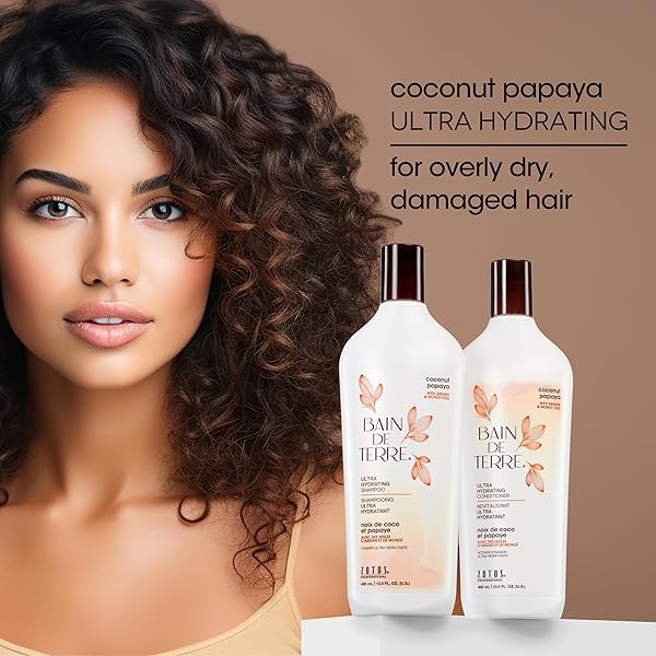 BAIN DE TERRE COCONUT PAPAYA ULTRA HYDRATING CONDITIONER, MOISTURE QUENCH FOR DRY, DAMAGED HAIR, WITH ARGAN & MONOI OILS, PARABEN-FREE, COLOR-SAFE, VEGAN, 13.5 FL OZ