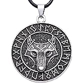 HAQUIL Viking Wolf Necklace, Ancient Runes Medallion with Fenrir Wolf Head Pendant, Viking Jewelry Gift