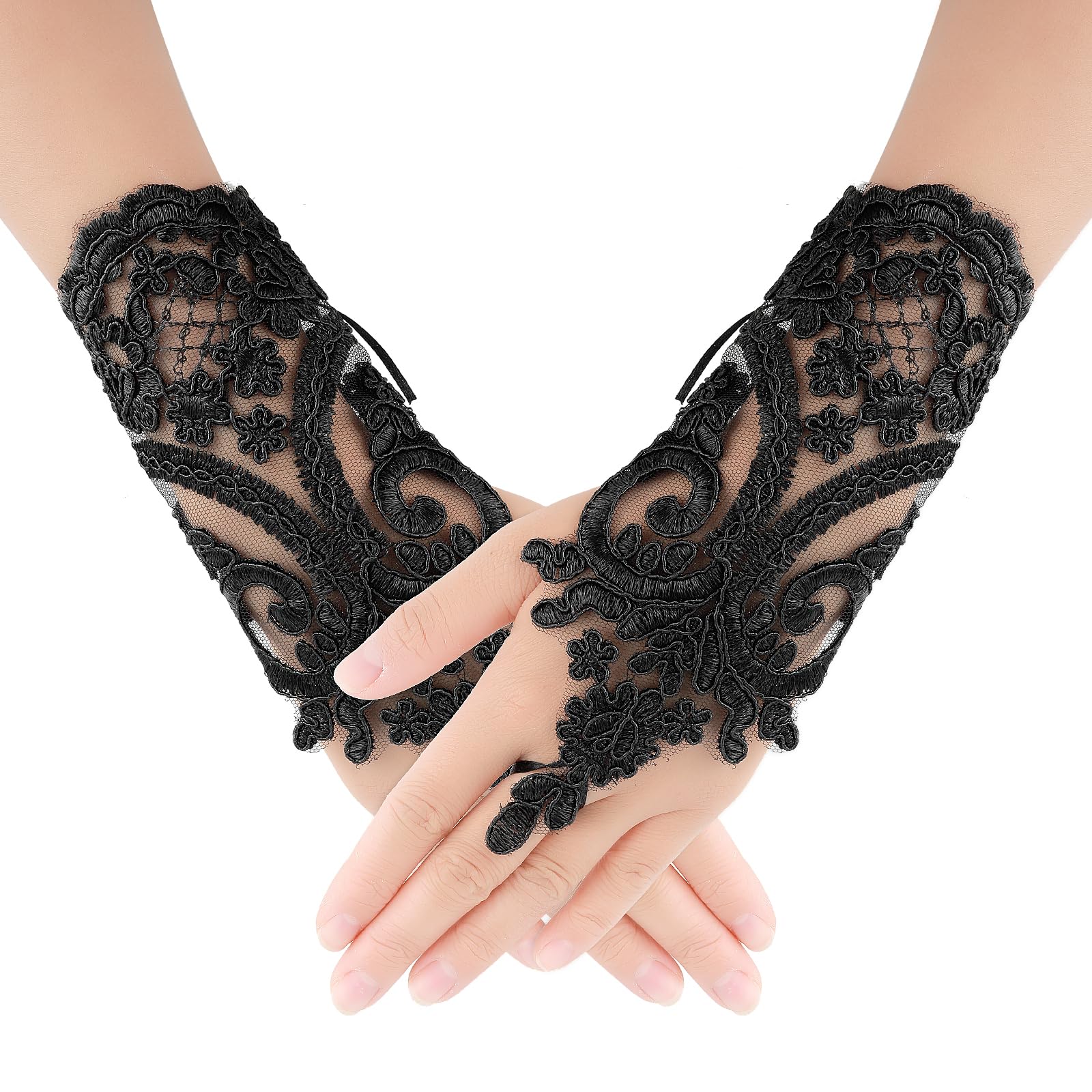 Yolev Women's Short Lace Embroidered Gloves Lace Fingerless Gloves Tea Party Gloves for Opera Prom Masquerade Evening Halloween Dress Accessories