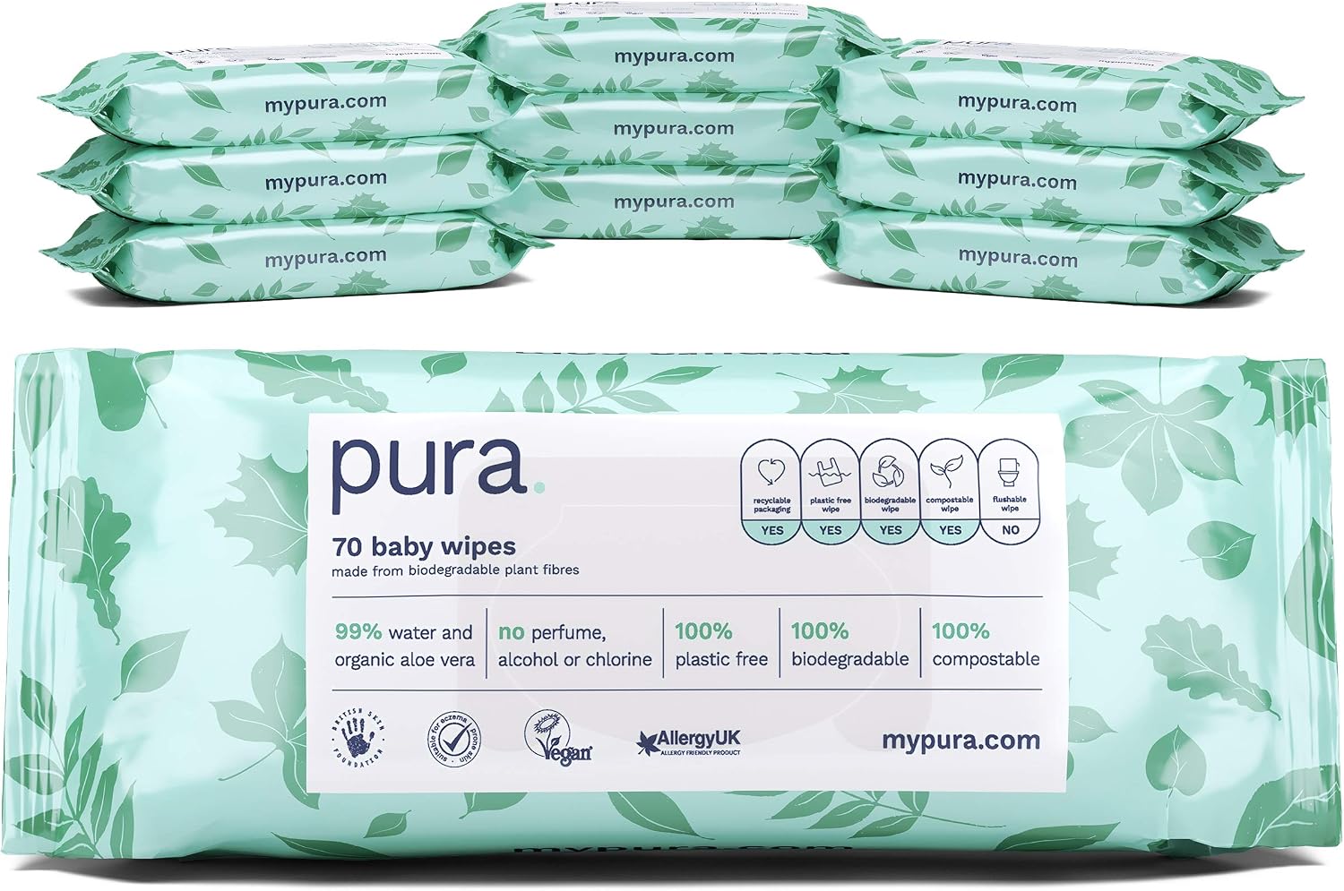 Pura Eco Friendly Baby Water Wipes 12 x 60 per pack, (720 Wet Wipes) 100% Plastic Free, 99% Water, Biodegradable, Compostable