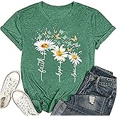 Women's Cute Christian Shirts,Daisy and Butterfly Print Faith T-Shirt Crewneck Short Sleeve Summer Tops Blouse