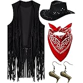 Xtinmee 4 Pcs Western Cowgirl Cowboy Outfits Set Women Tassel Vest Hat Dangle Drop Earring Paisley Bandana Dress up