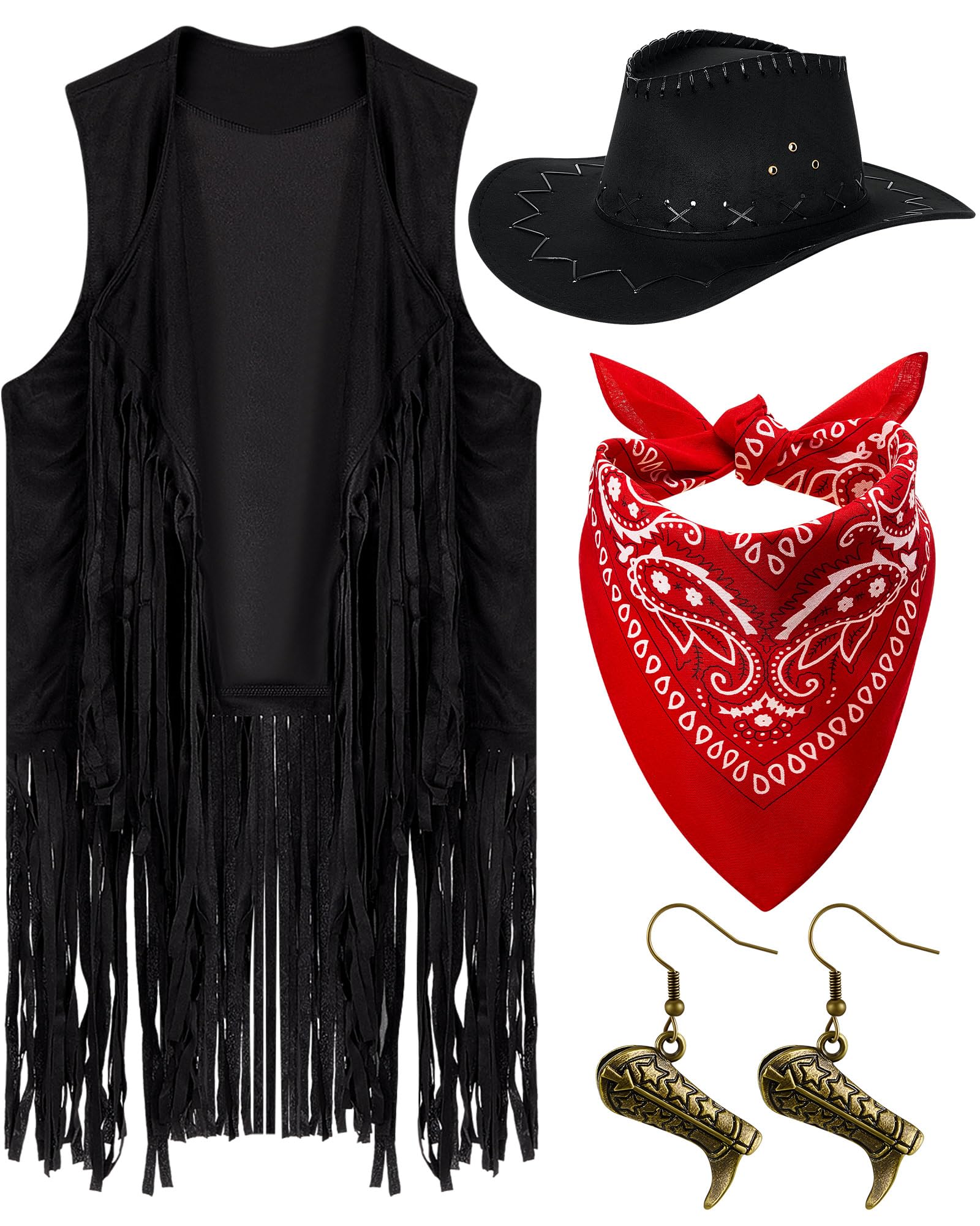 View 1 of **Missing Pieces - Earrings Missing**
Xtinmee 4 Pcs Western Cowgirl Cowboy Outfits Set Women Tassel Vest Hat Dangle Drop Earring Paisley Bandana Dress up(X-Large,Black)