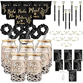 Irenare 48 Pcs 8 Set Bridesmaid Proposal Gifts Maid of Honor Gifts16oz Glass Cups Cosmetic Makeup Bags Invited Cards Scrunchies Hair Knotted Bracelets Diamond Pens(Classic Style,Black)