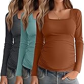 Baggyfly 3 Pack Women's Maternity Shirts Long Sleeve Side Ruched Pregnancy Tops Square Neck Basic Tunic Knit Mama Clothes