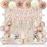 Boho Dusty Pink Birthday Decorations for Women Girls, Blush Beige Gold Metallic Printed Balloons Butterfly Stickers Fringe Curtain Happy Birthday Banner Circle Dots Garland Paper Pompom Party Supplies