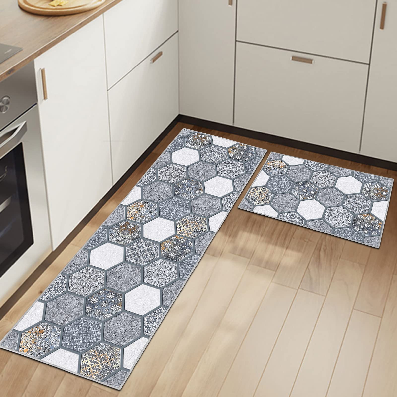 HSGLGNA Kitchen Mats Non slip Washable Kitchen Rugs Doormat Carpet Floor Mat, 2 Piece Kitchen Mats for Home Decoration (Geometry B, 43x75+43x150cm)