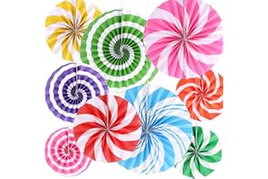 AGRANJEUC 9 Pcs Candyland Party Decorations Paper Fans Candyland Themed Classroom Decorations Lollipop Hanging Paper Fans for Christmas Sweet Candy Birthday Wedding Party Supplies