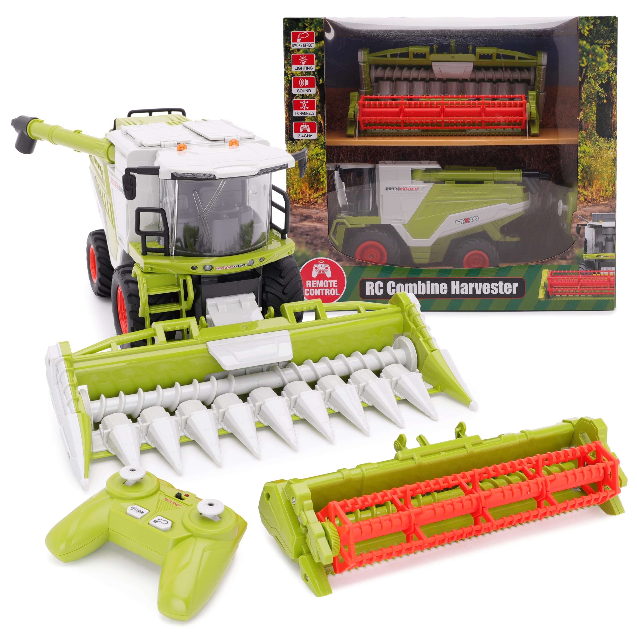 Toyland® 31cm (12") Remote Control Combine Harvester With Lights, Sound & Smoke Effect - 2 Harvesting Attachments Included - Farming Toys - 1:24 Scale