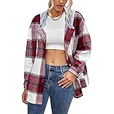 Bozanly Women's Oversized Flannel Plaid Shacket Jacket with Hood Long Sleeve Button Down Shirts Hoodie