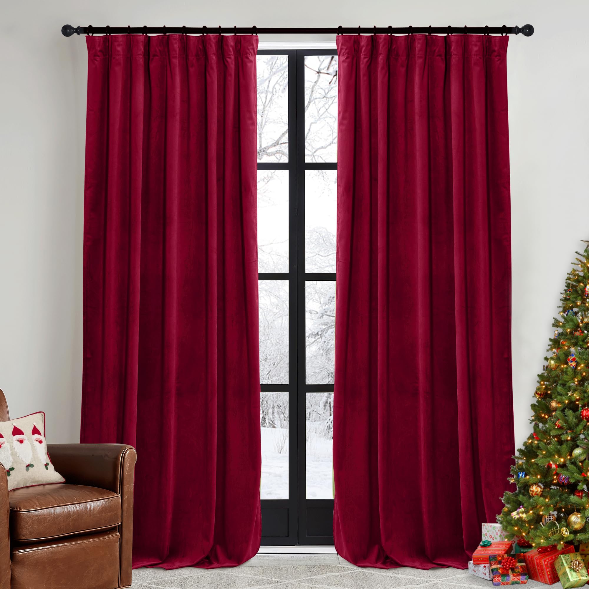 RYB HOME Red Velvet Curtains 84 inches - Darkening Curtains for Bedroom, Thermal Insulated Window Drapes for Living Room Dinning Room Theater, Width 52 x Length 84 inch, Red, 2 Panels Image