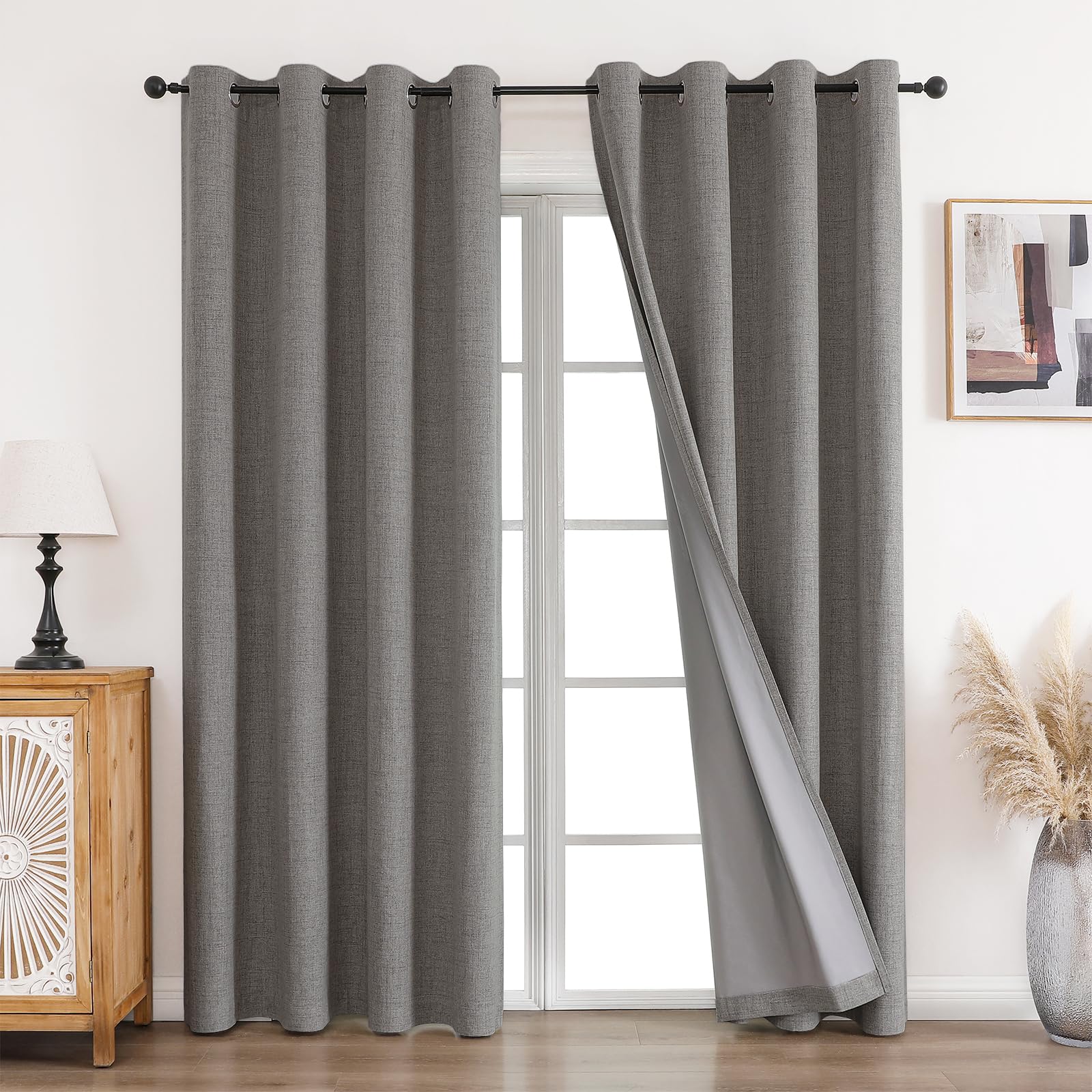 CUCRAF 100% Blackout Curtains Charcoal Grey 84 Inch Drop 2 Panels Soft Texture Sun Blocking Thermal Eyelet Curtains for Bedroom Living Room 52 X 84 Inch
