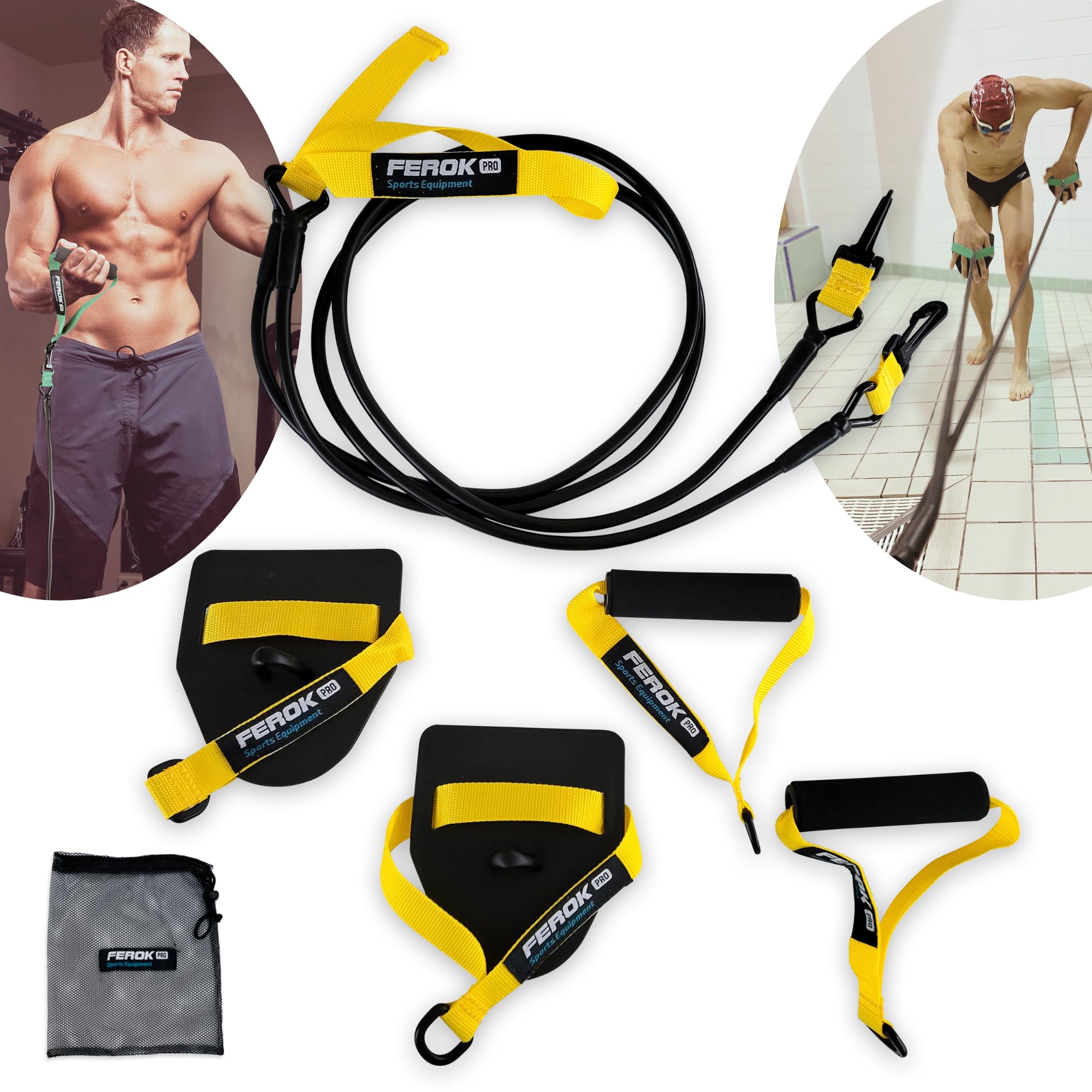 FEROK PRO Resistance Band with Pad and Handles - Dry Land Pull Rope - Swimming Muscle Strengthening Elastics - Yellow Version