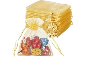 YQL Sheer Organza Bags,3x4 Inch100PCS Gold Mini Organza Drawstring Bags Organza Jewelry Pouches Wedding Party Valentine Gift 