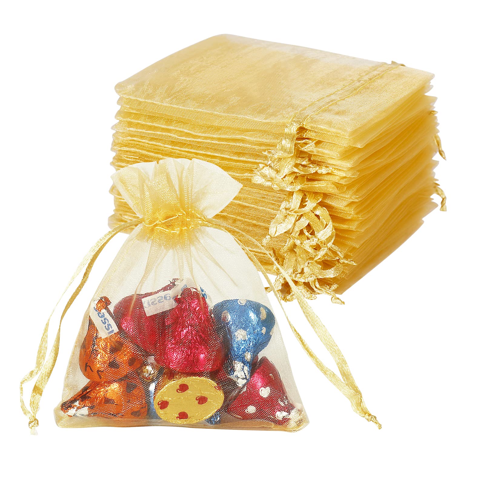 100PCS Gold Organza Bags Small, 8X10cm Small Netbags Drawstring Little Mesh Bags for Gifts/Wedding Favour/Christmas/Jewelry/Bracelet Packaging, Wedding Favourbags