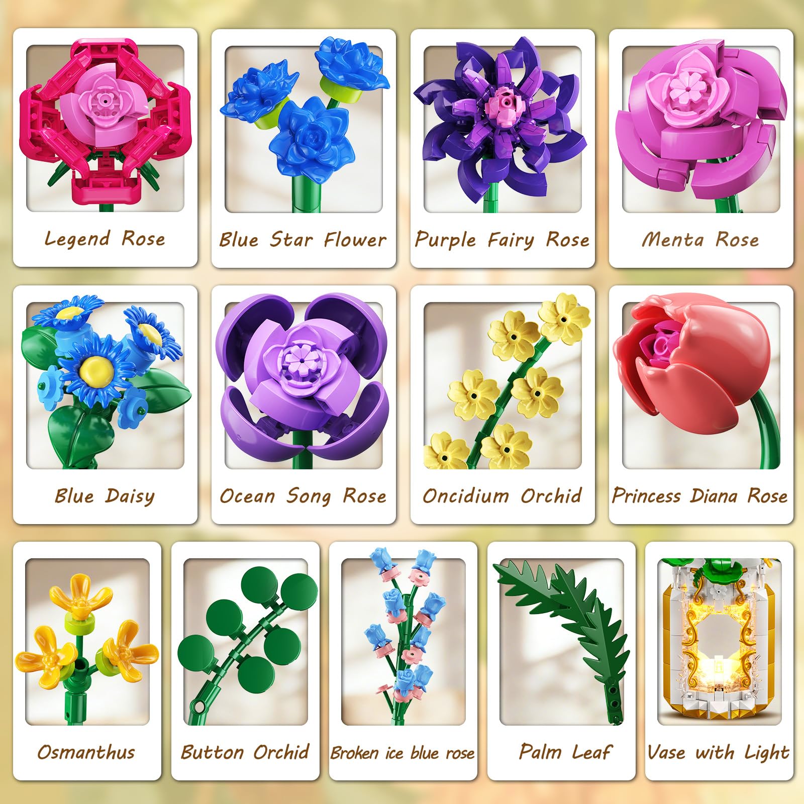 CUBIMANA Blumenstrauß-Bauset mit Vase & LED-Licht, 1093 Teile Botanische Sammlung Klemmbausteine, kreatives Geschenk für Frauen und Männer, künstliche Blumendekoration für Home und Zimmer 9