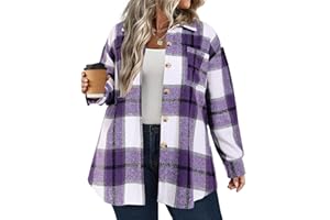 IN'VOLAND Women's Plus Size Plaid Shacket Long Sleeve Button Down Flannel Shirts Casual Jacket Coats