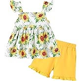 YUEMION Toddler Girl Clothes, 2Pcs Baby Girl Summer Outfits Ruffle Sleeveless Shirts Floral Tops + Shorts Clothing Set 1-5T