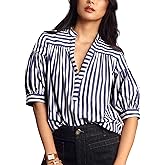 TUREAU Women Puff Short Sleeve Blouse Trendy Striped V Neck Shirt Summer Business Casual Outfit Cute Babydoll Boho Loose Tops