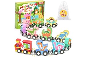 OOMLOID 11 Pcs Magnetic Dinosaur Train Set Montessori Toys for Toddlers Boys Girls, Wooden Dinosaur Preschool Learning Activities Educational Sensory Toys Stocking Stuffers Birthday Gifts