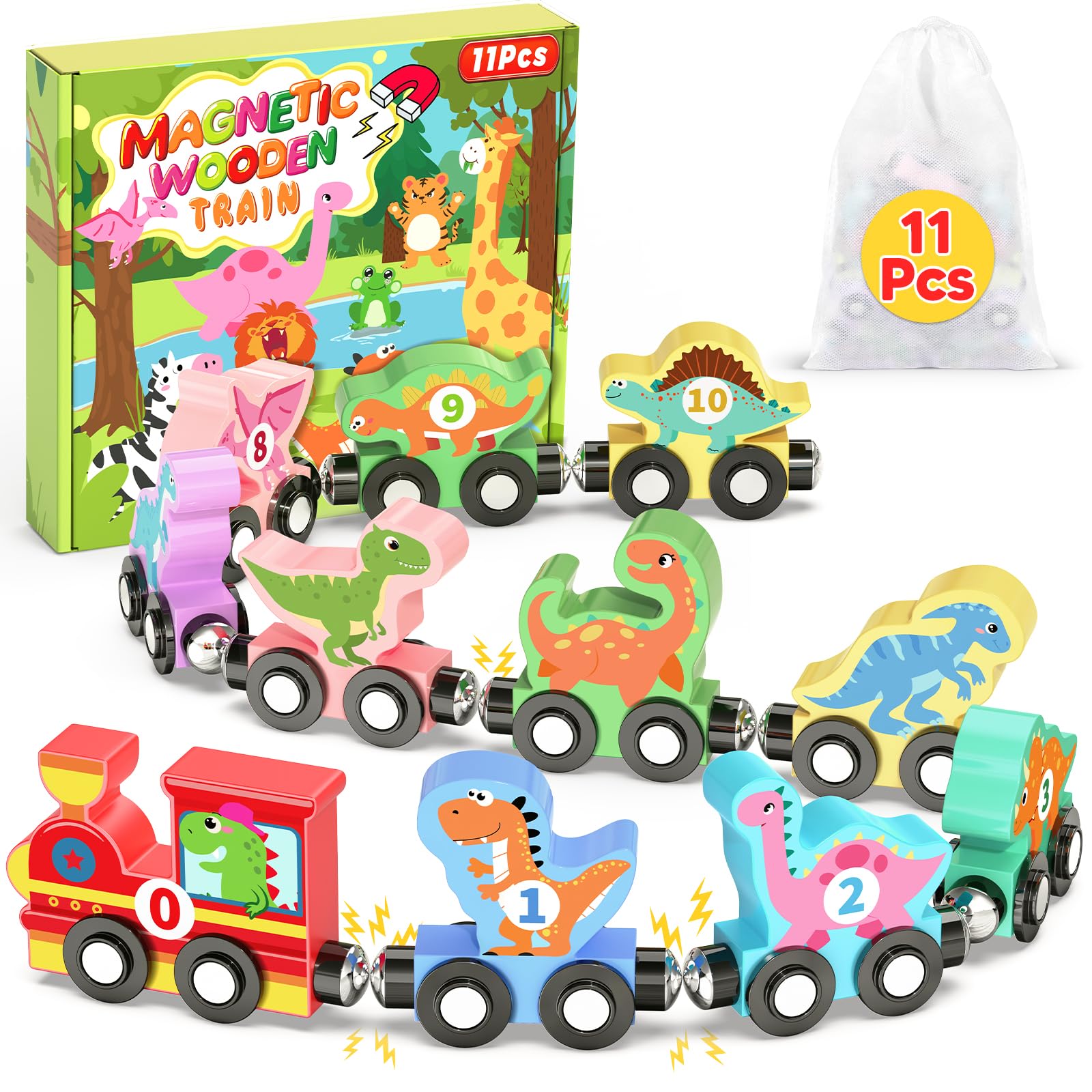 Photo 1 of 11 Pcs Magnetic Dinosaur Train Set Montessori Toys for 1 2 3 Years Old Toddlers Boys Girls, Wooden Dinosaur Preschool Learning Easter Basket Stuffers Sensory Toys Birthday Gifts Ages 1-3, 2-4