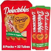 Delectables Squeeze Up Creamy Squeezable Puree, Lickable Wet Cat Treats, Grain Free, No Added Fillers, No By-Products, No Added Preservatives, 0.5 Ounces Chicken &amp; Veggies, 32 Tubes Total