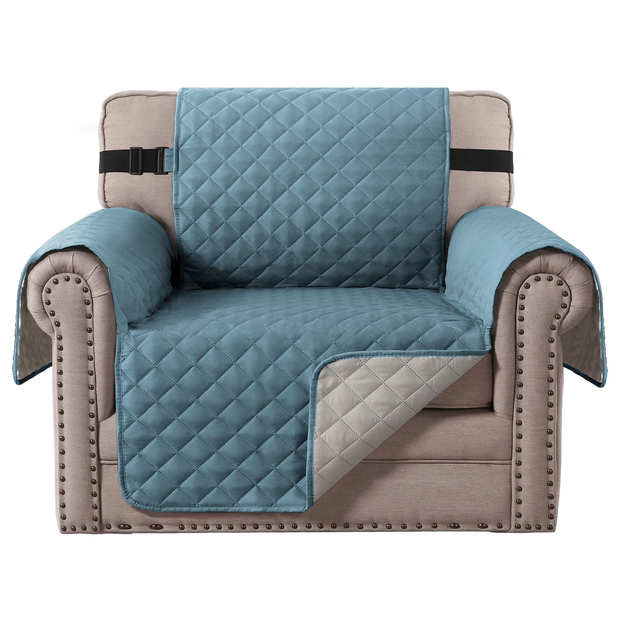 BellaHills Sofa Cover Reversible Armchair Covers Water Repellent Sofa Slipcover from Pets Couch Covers for Cats Checked Pattern Thick Quilted with Elastic Strap (Chair, Smoke Blue/Grey)