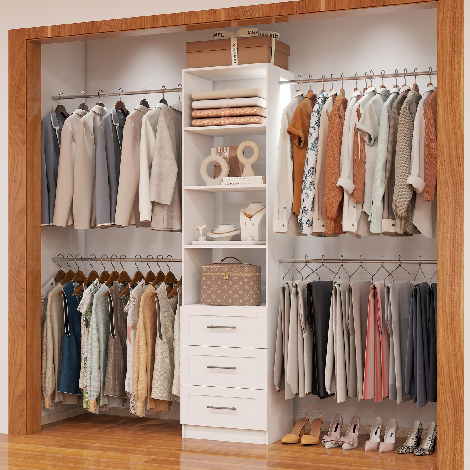 Photo 1 of Closet System, 5FT-8FT Closet Organizer System 99" Walk in Closet Storage System with 3 Wooden Drawers 4 Expandable Hanging Rods, Wall Mount White