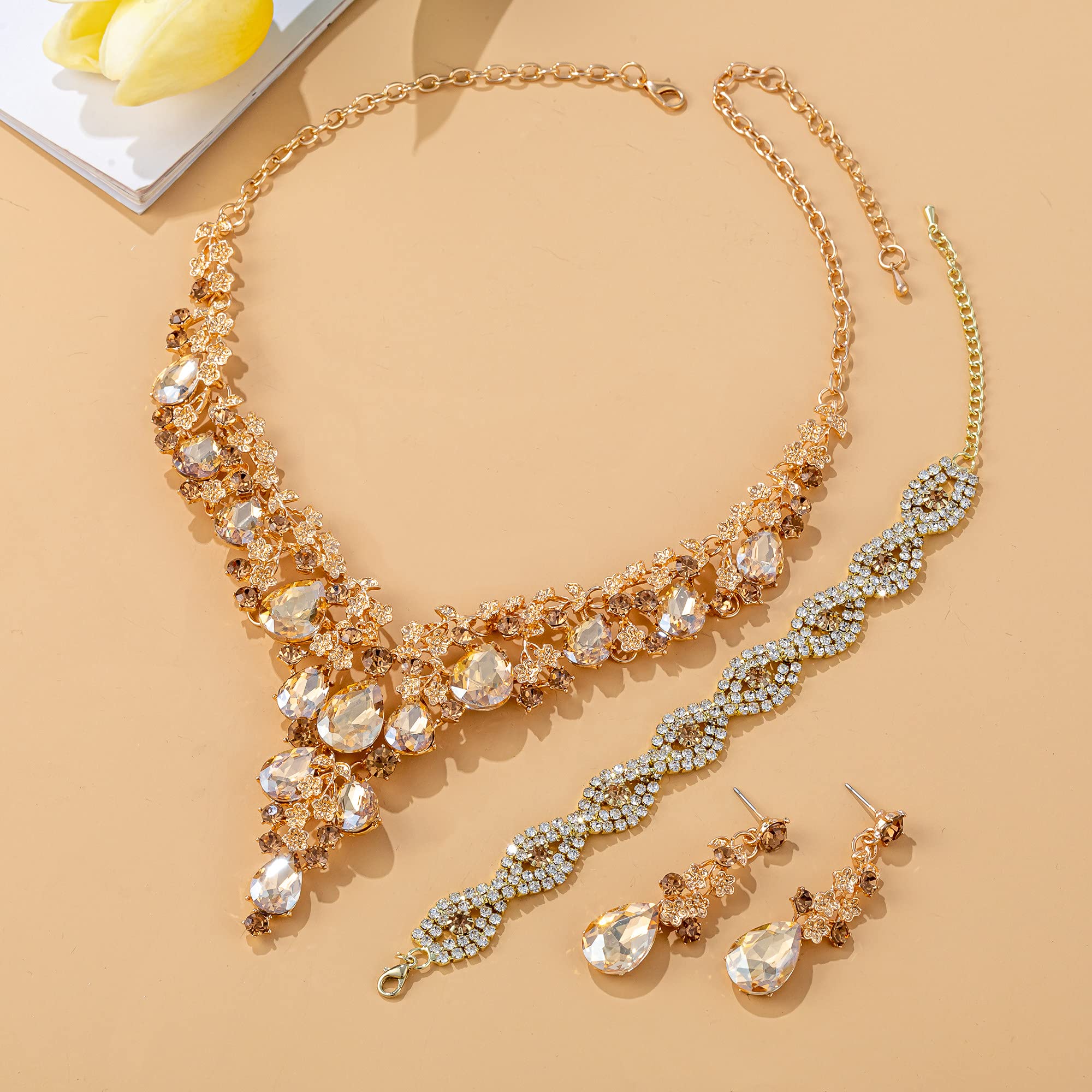 Wedding Bridal Bridesmaid Austrian Crystal Rhinestone Jewelry Sets Statement Choker Necklace Earrings Bracelets Sets for Wedding Party Prom