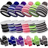 Shyyween 18 Pcs Kids Hat Scarf Gloves Winter Set Fleece Lined Pom Pom Beanie Neck Warmer Knit Gloves Gifts for Boys Girls