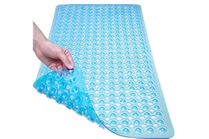 TEESHLY Bath Mat for Tub & Shower, Non Slip Soft Bathmat with Suction Cups & Drain Holes, Machine Washable Bathtub Floor Liner Mats for Bathroom, 35x16 Inch, Clear Blue
