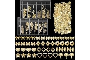ANOWER Gold Nail Studs Metal Rivet Nail Charms, Multi Shapes Bows Flowers Heart Leaf Golden Rivet Naila Art Studs for Nails Art DIY
