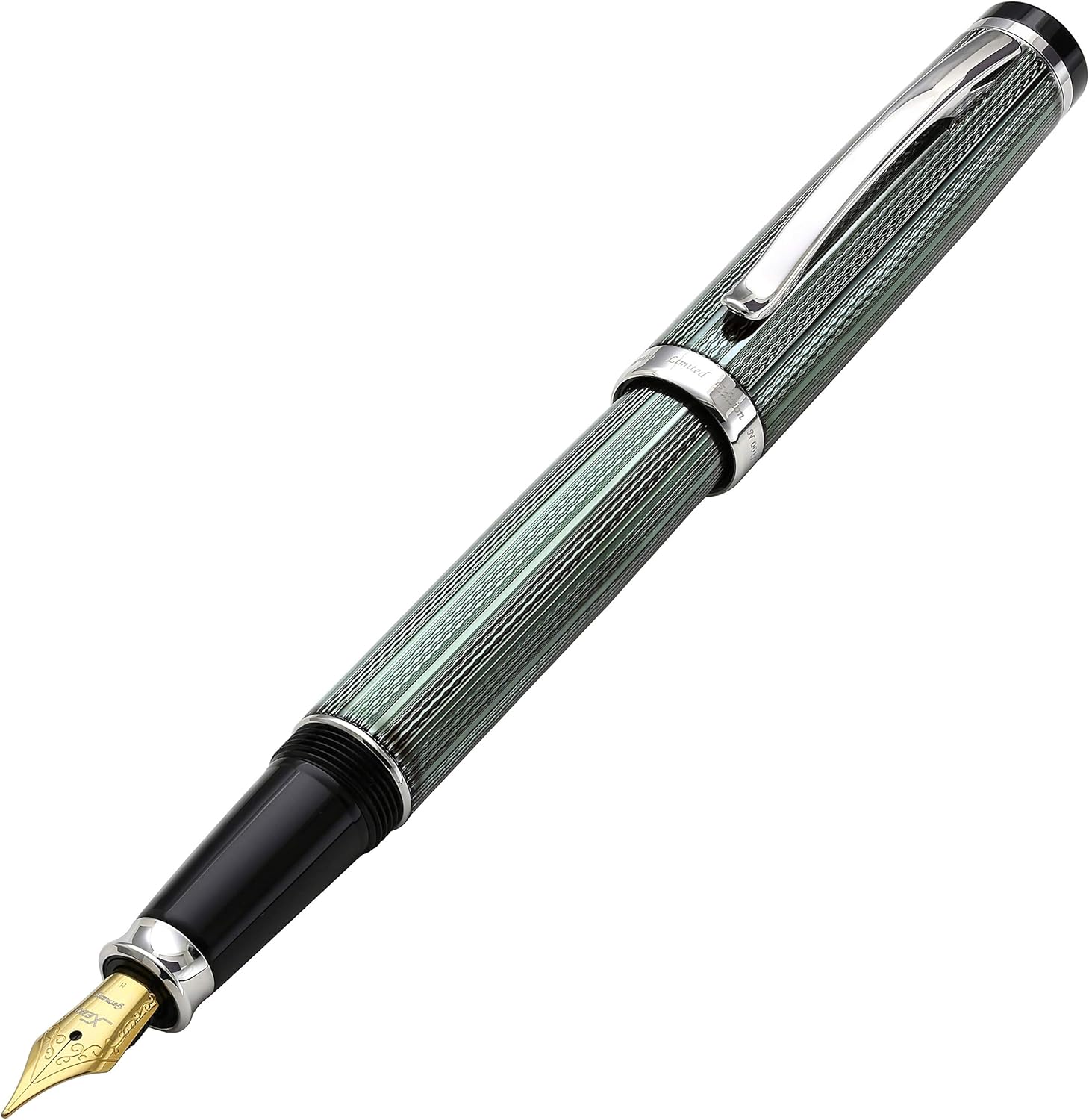 Xezo Incognito Fountain Pen, Medium Nib. Zinc Slate Green Metallic Color Lacquer, Pure Platinum Plated. Limited Edition of 500, Serialized, Handcrafted