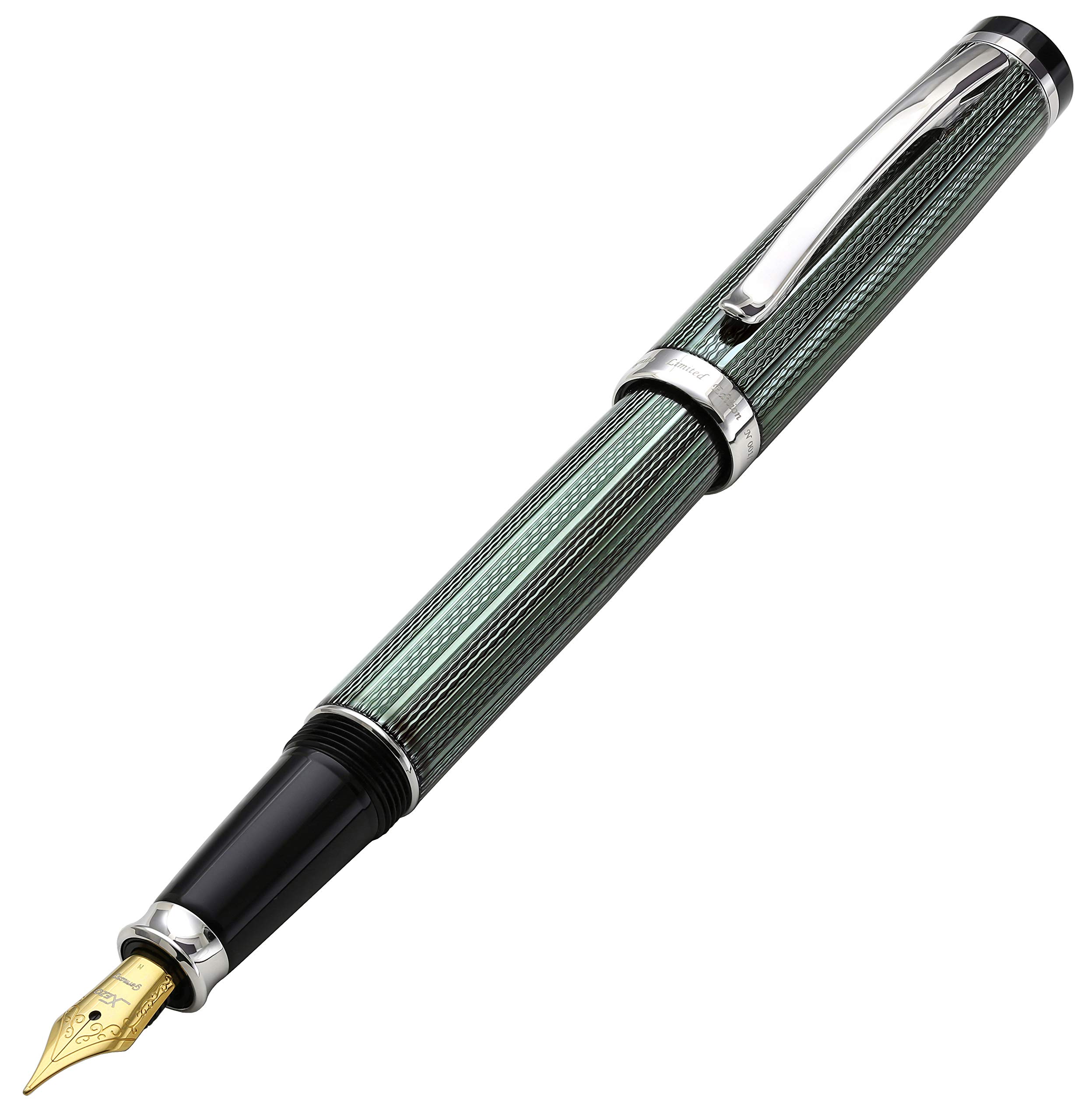 Xezo Incognito Fountain Pen, Medium Nib. Zinc Green Layered Lacquer with Pure Platinum Plating. Handcrafted, Limited Edition, Serialized