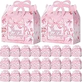 Feifeiya 24 Pcs Pink Bow Birthday Party Gift Boxes Galentine Treat Candy Bags Coquette Glitter Bow Boxes with Handle Foldable Birthday Party Favor Goodie Bags Decorations Wedding Bachelorette Supplies