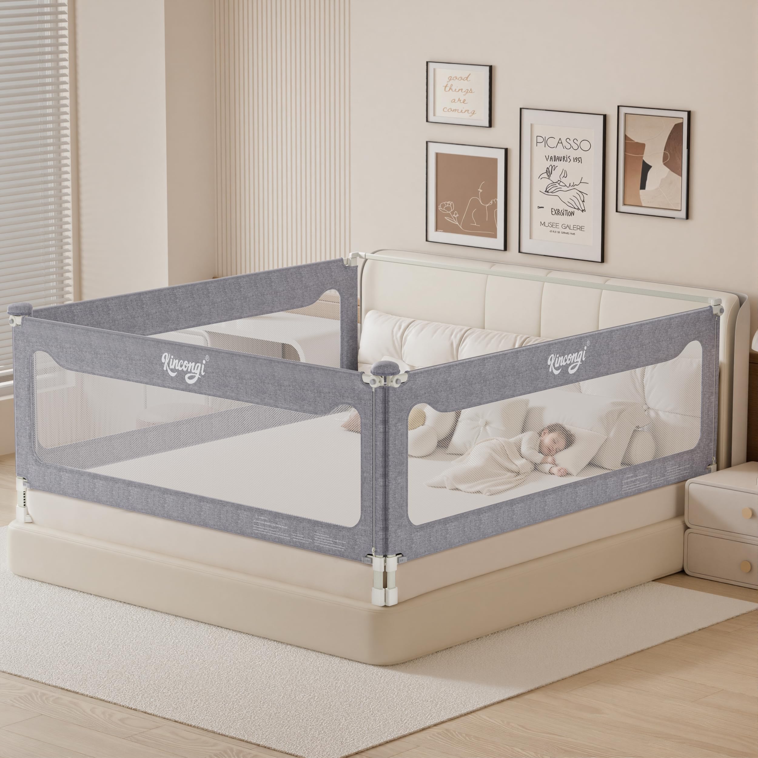 Kincongi Bed Rail for Toddlers, 3 Pieces King Size Toddler Bed Rails with 3X U-Shape Base, 10-Key Safety Protection Baby Bed