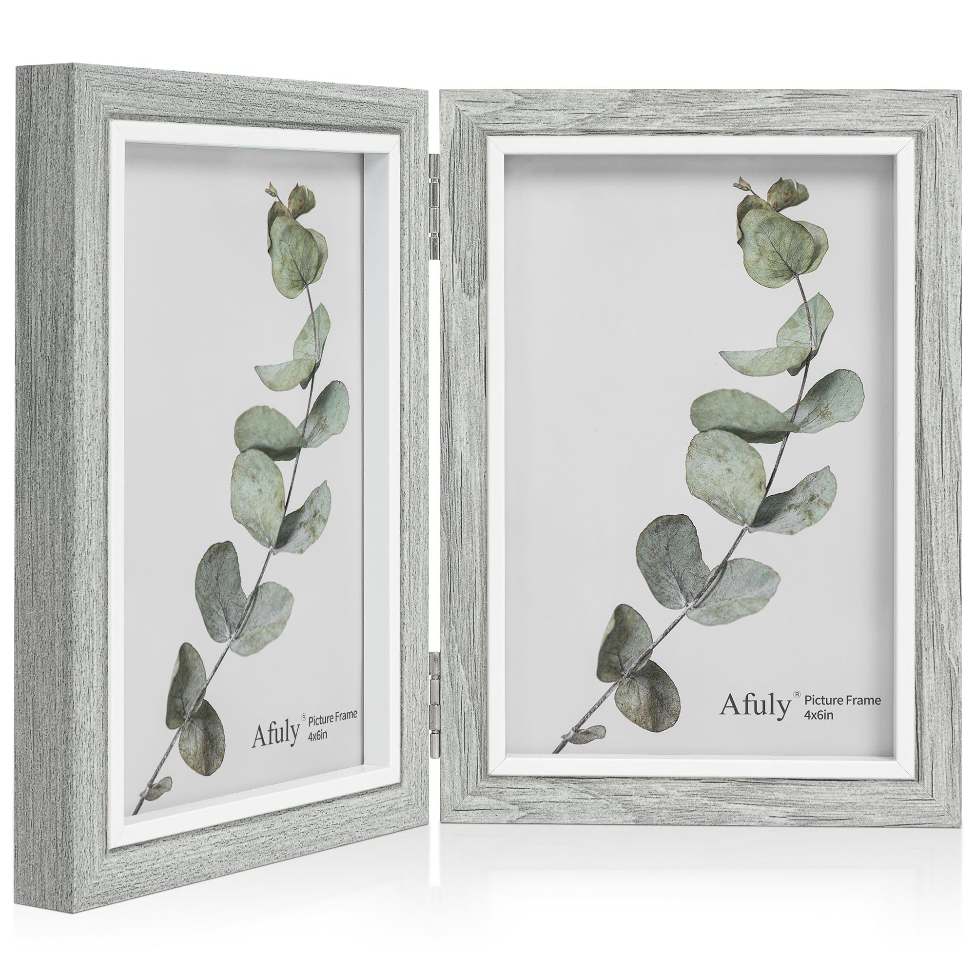 Afuly Double Photo Frame 6x4 Photo Frames Wooden Picture Frame Grey 4x6 Multi Picture Frames Standing Desk Frame Folding 2 Pictures Collage Christmas Wedding Birthday Women Family Friend Gifts