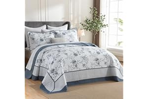 SOELINENS Oversized King Bedspreads 128x120 Extra Wide - Botanical Floral Farmhouse Reversible California King Quilt Sets Oversized, 3-Piece Lightweight Thin Comforter Coverlet, Cal King, Dusty Blue/White