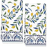Lemon Kitchen Towel Yellow Lemon with Blue Leaves Dish Cloth 18 x 28 Inch Vintage Hand Drying Tea Towel for Spring Summer Cooking Wiping Cleaning, 2Pcs