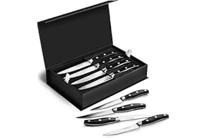 HENCKELS Forged 8Piece Black Kitchen Steak Knife Set,Premium Stainless Steel Serrated Cutlery Set with Storage Box,Classic Tr