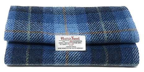 Harris Tweed Authentisches Traditionelles Stoff Blauer Tartan und Braun Herringbone 100% Reine Wolle mit Authentizität Etiket