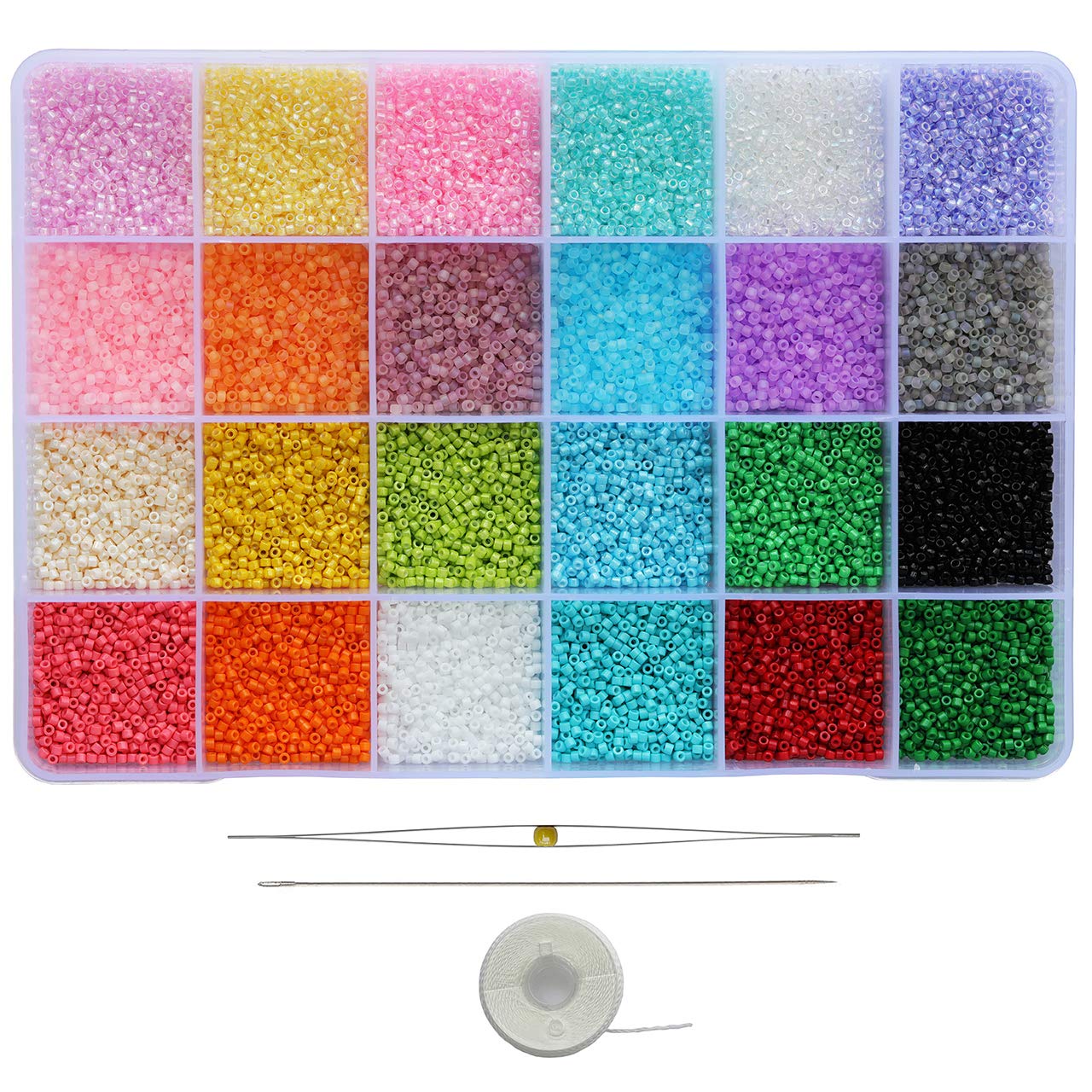 Bala&Fillic Size Uniform 12/0 Glass Seed Beads with Beading Needles and String About 24000pcs in Case 2mm Craft Seed Beads for Jewelry Making (About 1000pcs/Color, 24 Colors)
