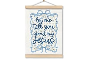 OFJE Christian Coquette Let Me Tell You about My Jesus Poster Hanger Frame, Wildflower Boho Bible Verse Wall Art Poster with Wooden Frames, Trendy Blue Wall Hanging Decor for Living Room, 12x16 Inch