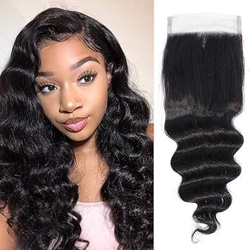 Amazon Com Peruvian Loose Deep Wave Closure 4x4 10inch Free Part Lace Closure With Baby Hair 130 Density Virgin Human Hair Bleached Knots Natural Black Beauty