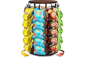 ROSROSE Chip Rack Display Stand, 2025 New 5 Tier 40 Clips Snack Organizer with Rotating Wooden Base, Chip Holder Candy Display for Countertop, Concession Stand, Party, Retail, Office Snack Display Rack, Brown